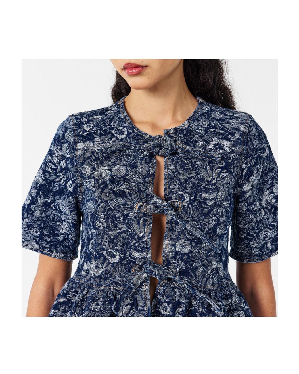 Ganni Blue Cotton Poplin Peplum Tie Blouse