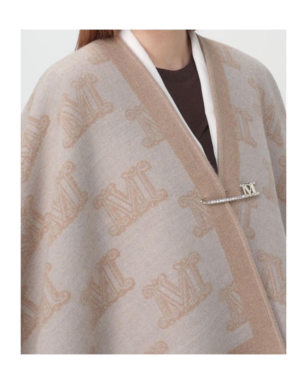 Max Mara Gray Studio All-Over Logo Patterned Fringed Edge Cape