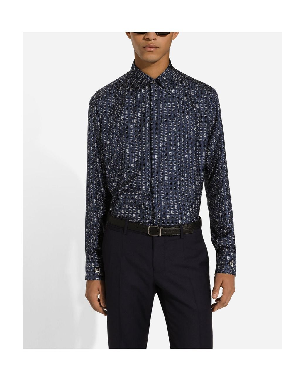 Dolce & Gabbana Blue Silk Martini-Fit Shirt With Tie Print for men