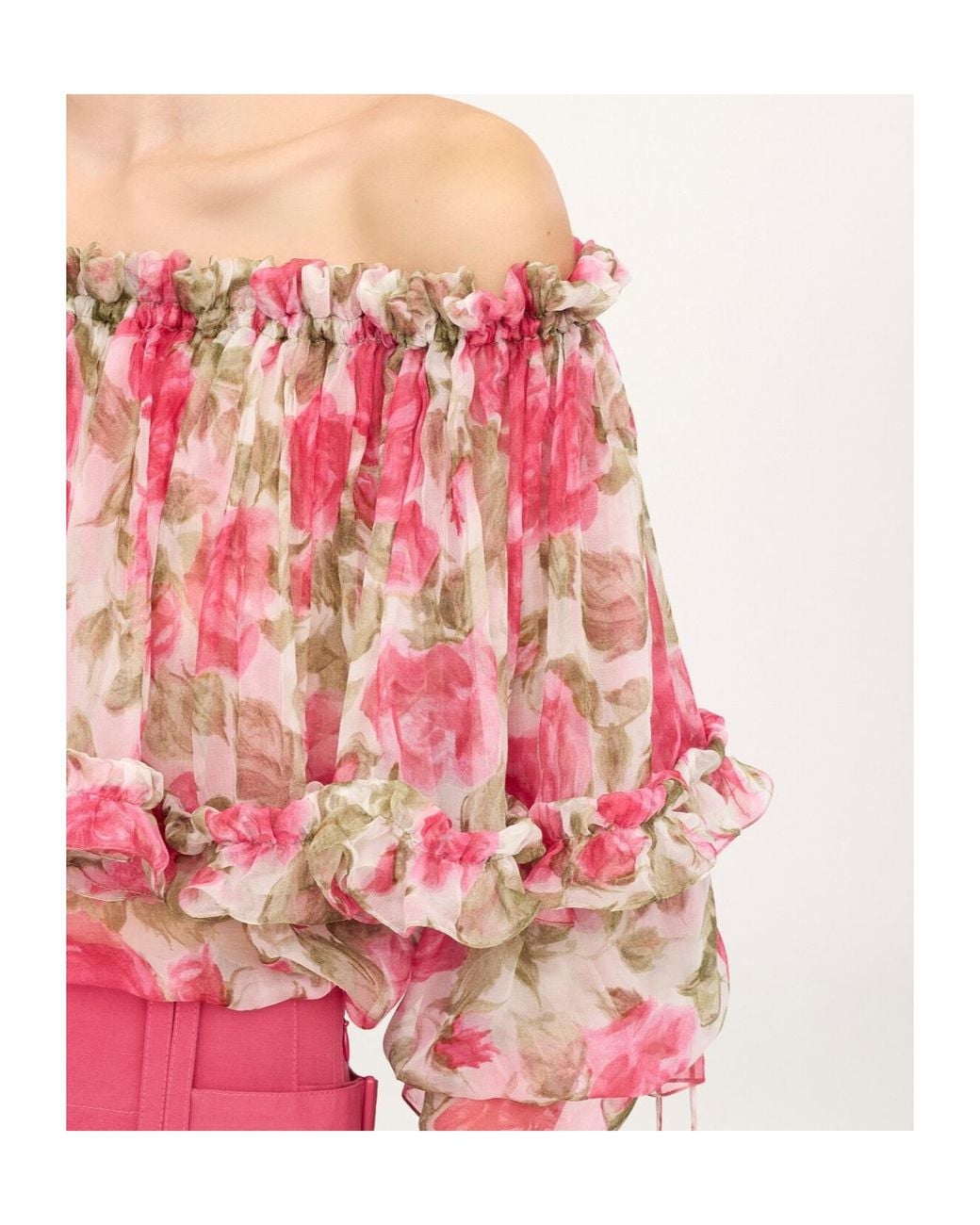 Chloé Pink Chloé Ruffled Floral Off-Shoulder Top
