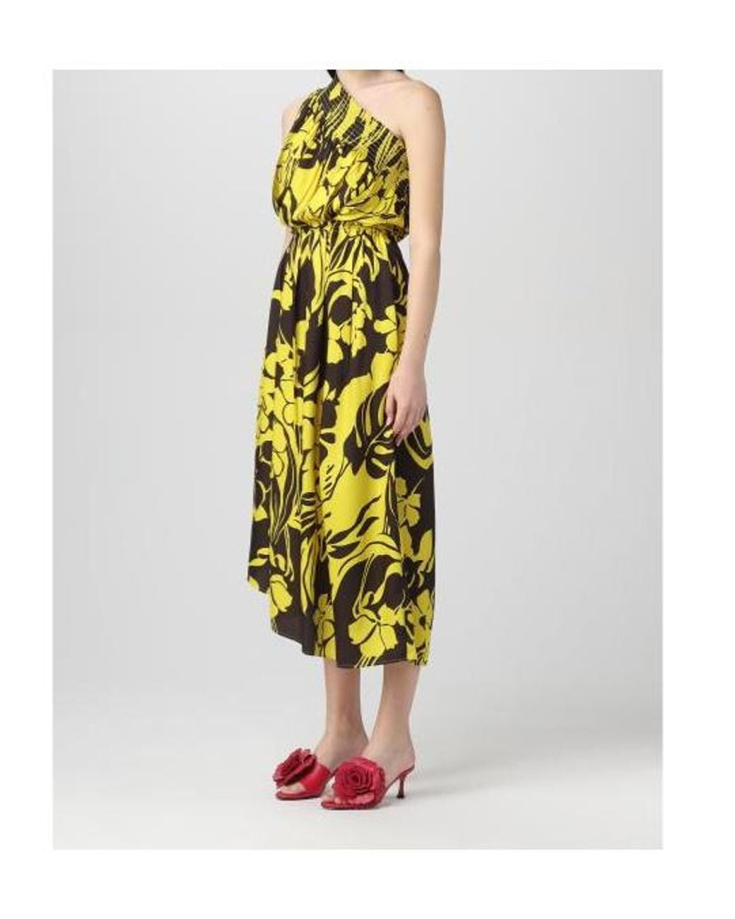 N°21 Yellow Floral-Print One-Shoulder Midi Dress