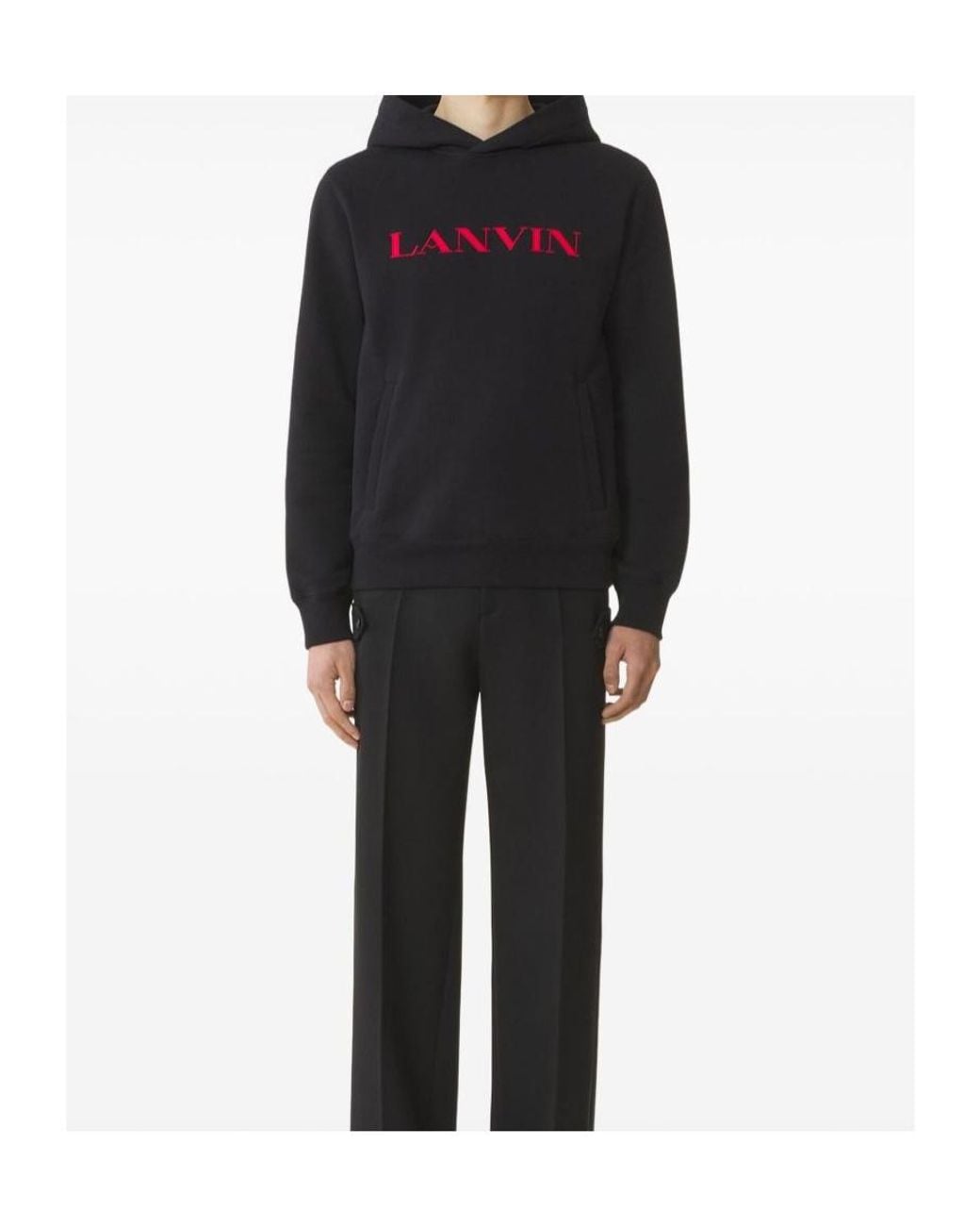 Lanvin Black Logo-Embroidered Kangaroo Pocket Hoodie for men