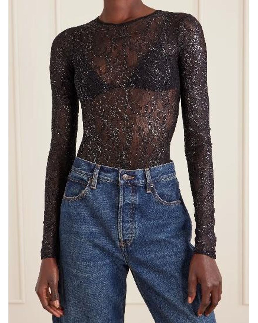Wardrobe NYC Black Metallic Lace Bodysuit