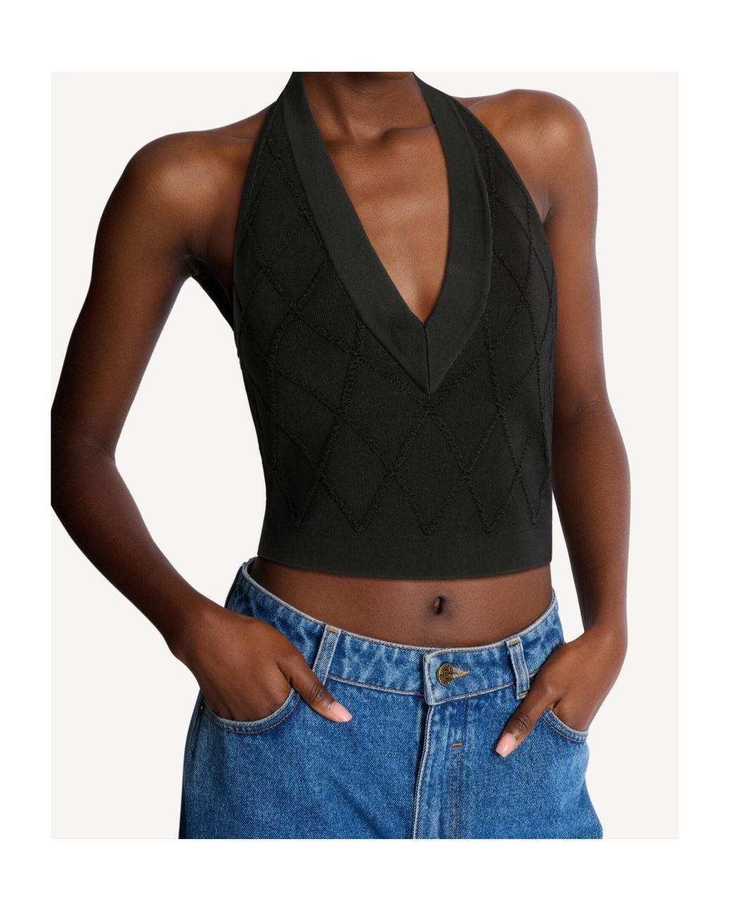 Balmain Black Quilted Knit Halterneck Top
