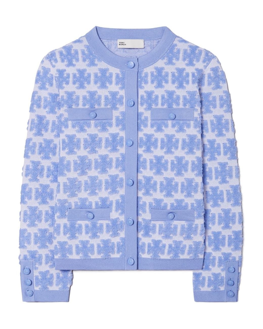 Tory Burch Blue Double T-Monogram Bouclé Cardigan
