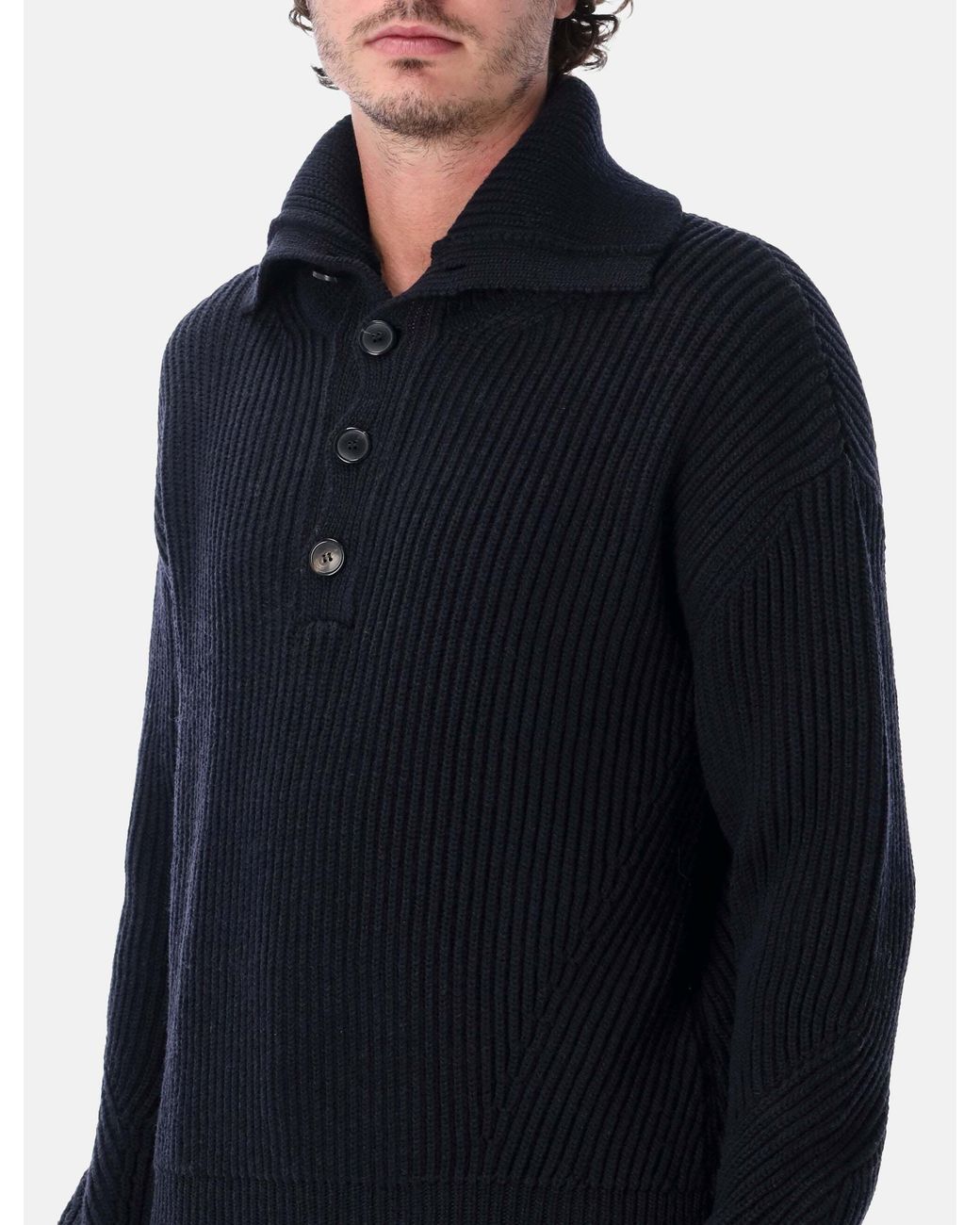 Dries Van Noten Blue Ribbed V-Neck Button-Front Cardigan for men