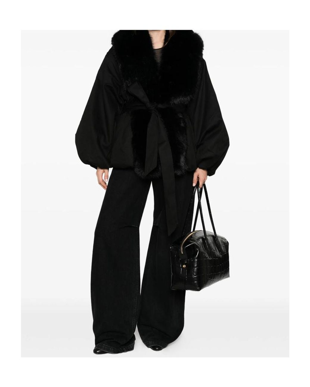 ROTATE BIRGER CHRISTENSEN Black Belted Faux Fur Collar Coat