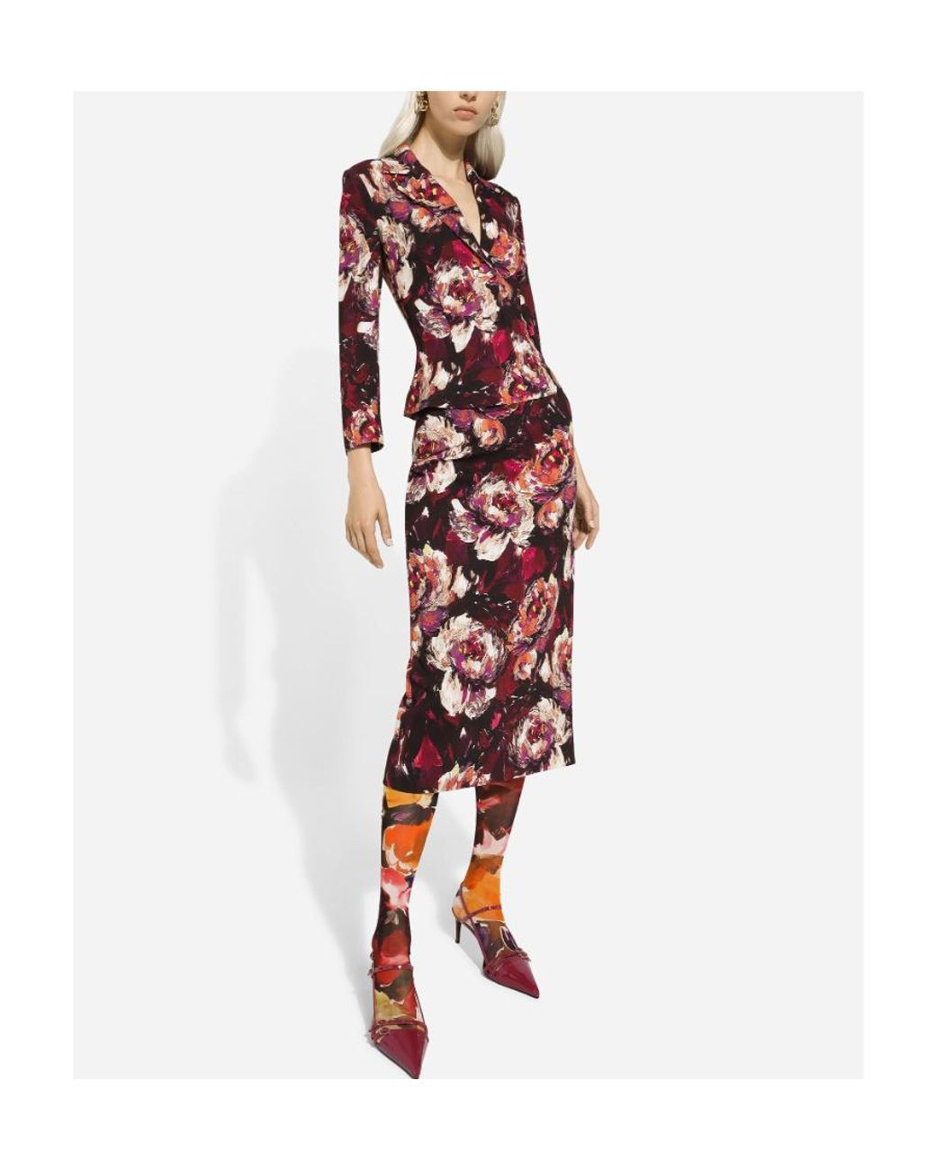 Dolce & Gabbana Red Peony Printed Cady Calf-Length Skirt