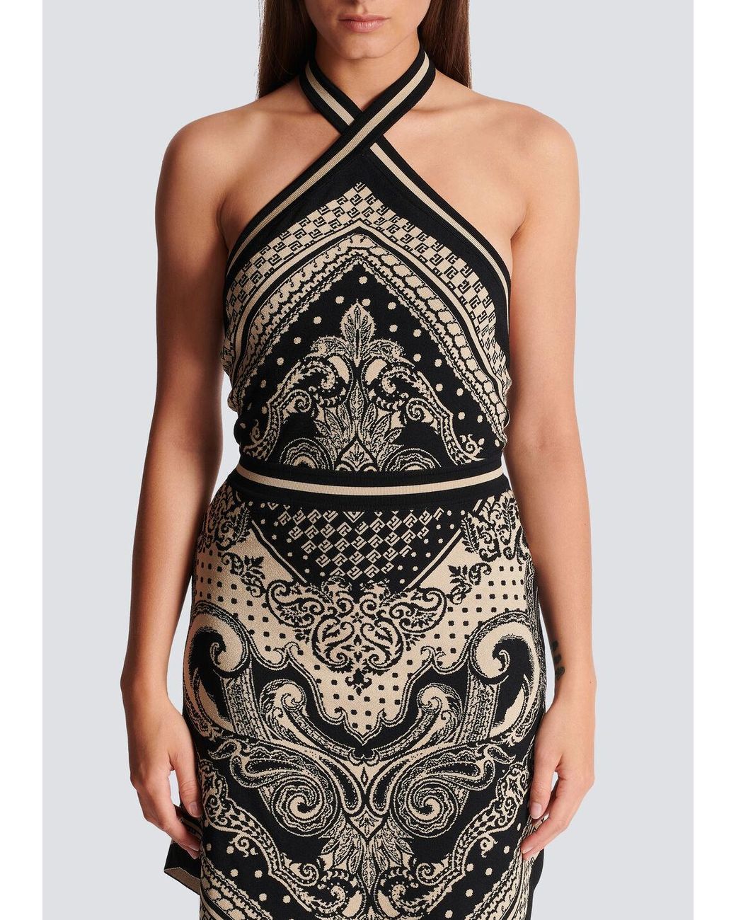 Balmain White Backless Knit Paisley Monogram Dress