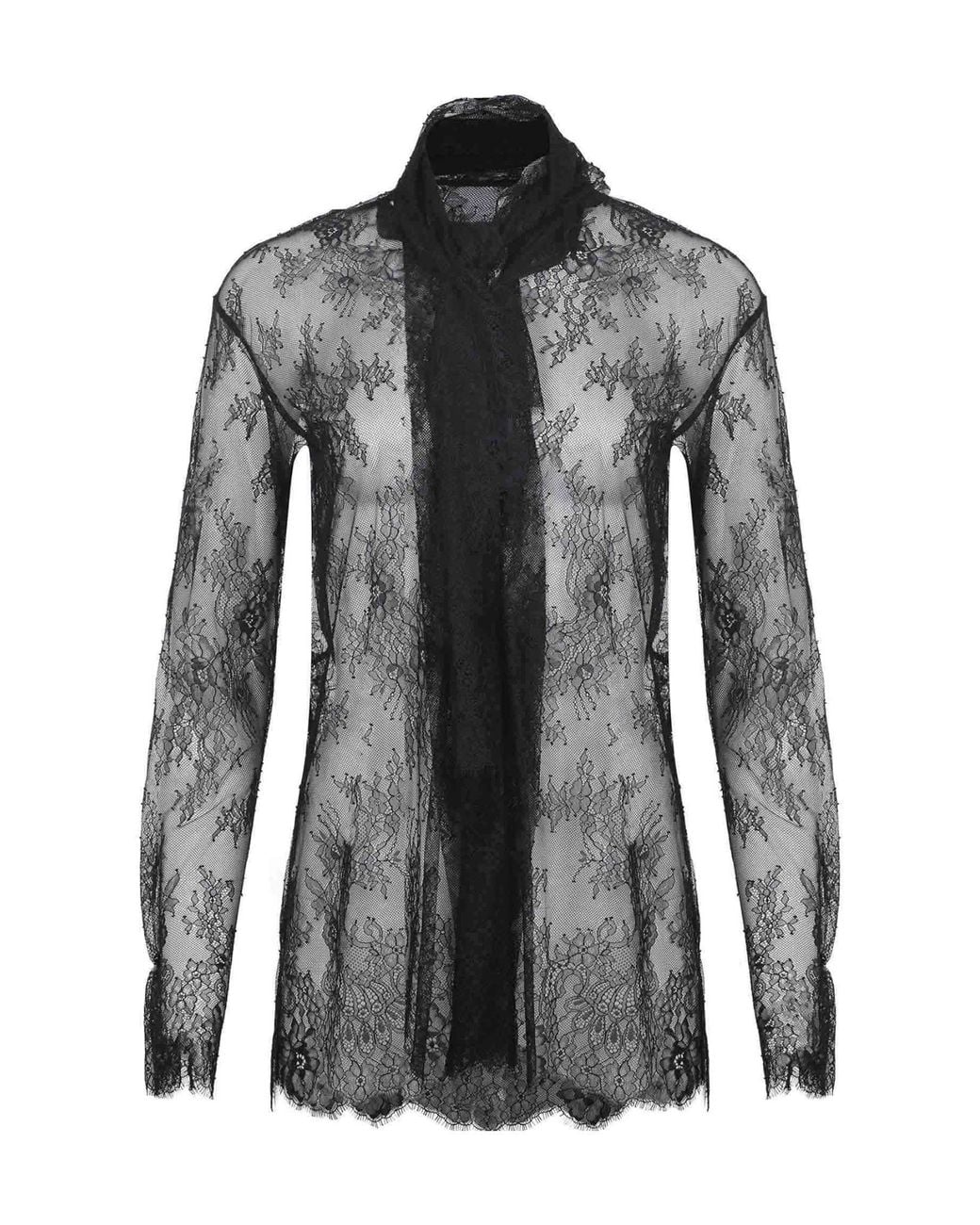 Alberta Ferretti Black Sheer Dotted Lace Trim Top