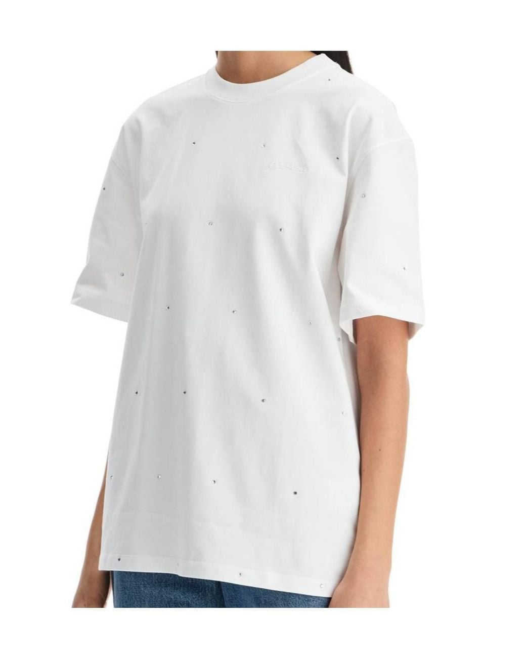 Ganni White Crystal-Embellished Crewneck T-Shirt