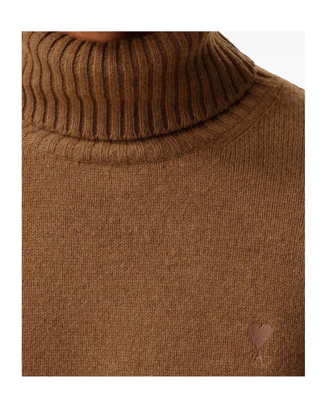 AMI Brown Roll Neck Ribbed Hem Jumper for men