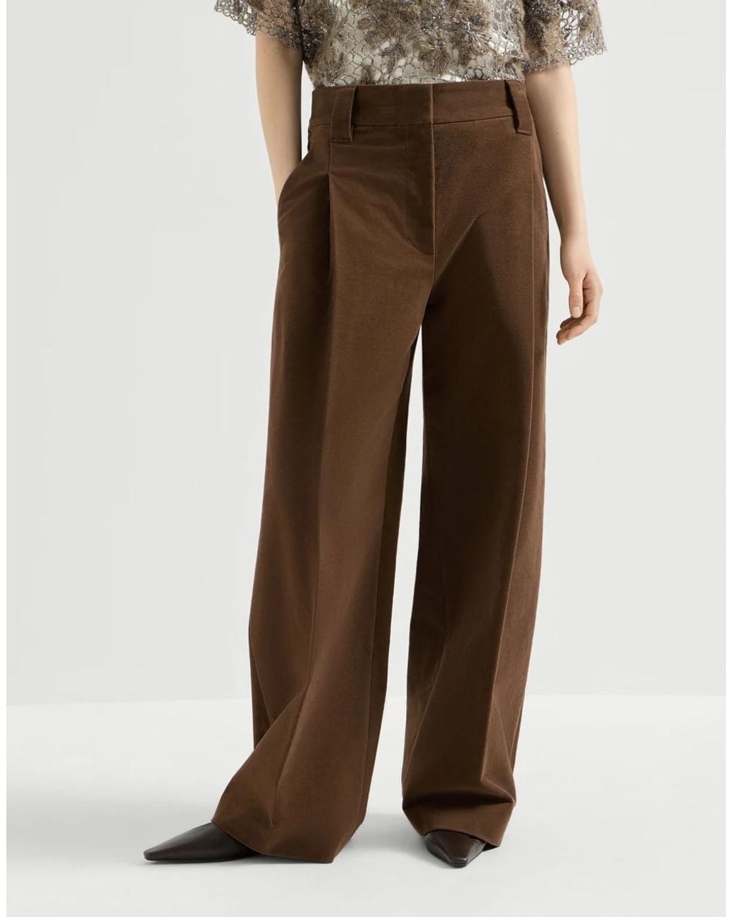 Brunello Cucinelli Brown Stretch Cotton Moleskin Loose Sartorial Trousers With Monili