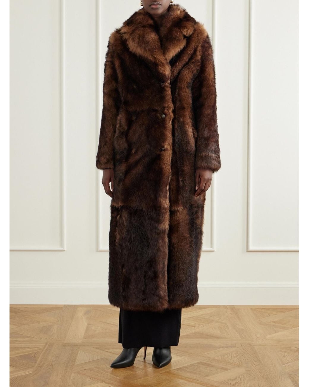 Yves Salomon Brown Paneled Double-Breasted Shearling Coat