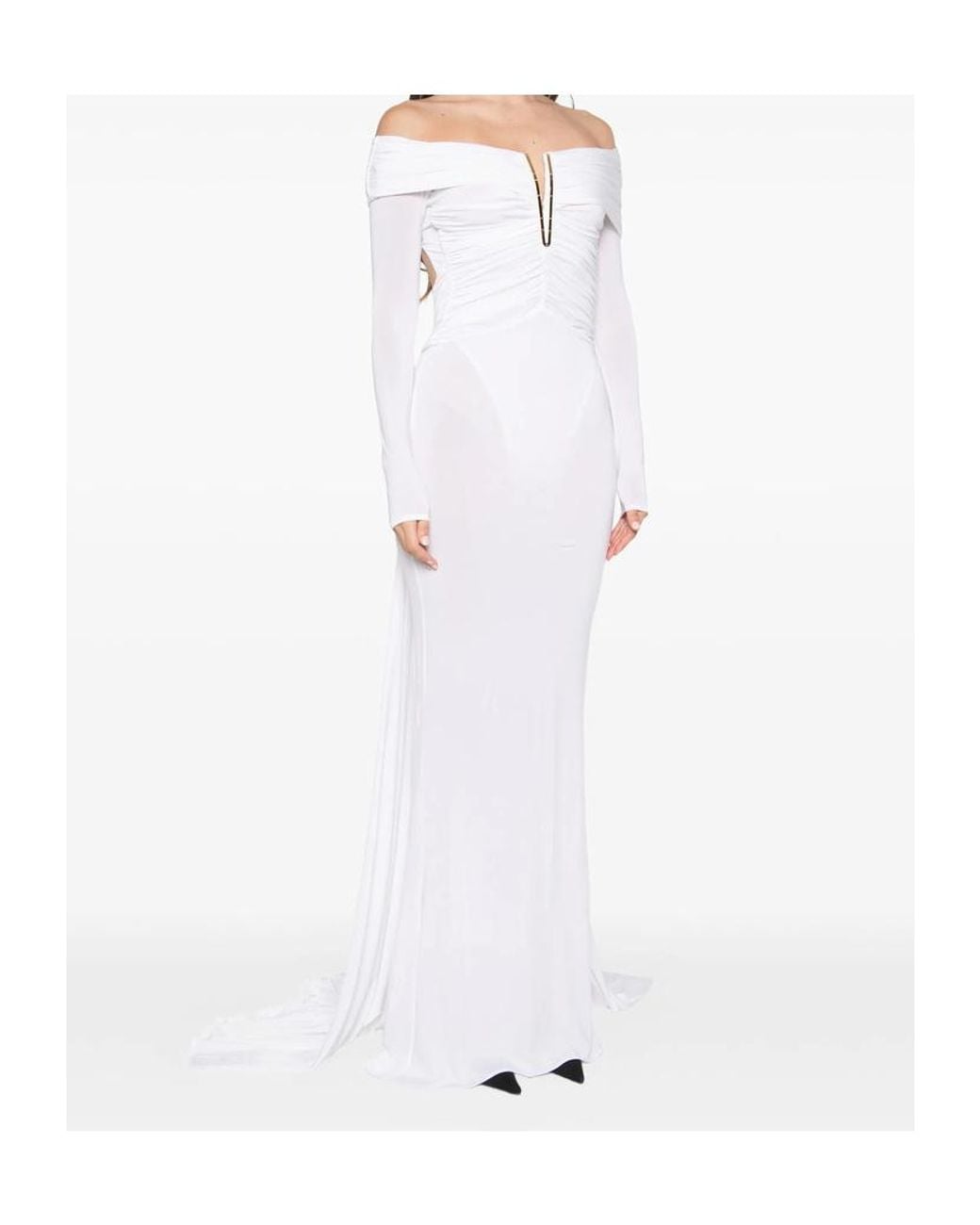 Elisabetta Franchi White Off-The-Shoulder Ruched Maxi Dress