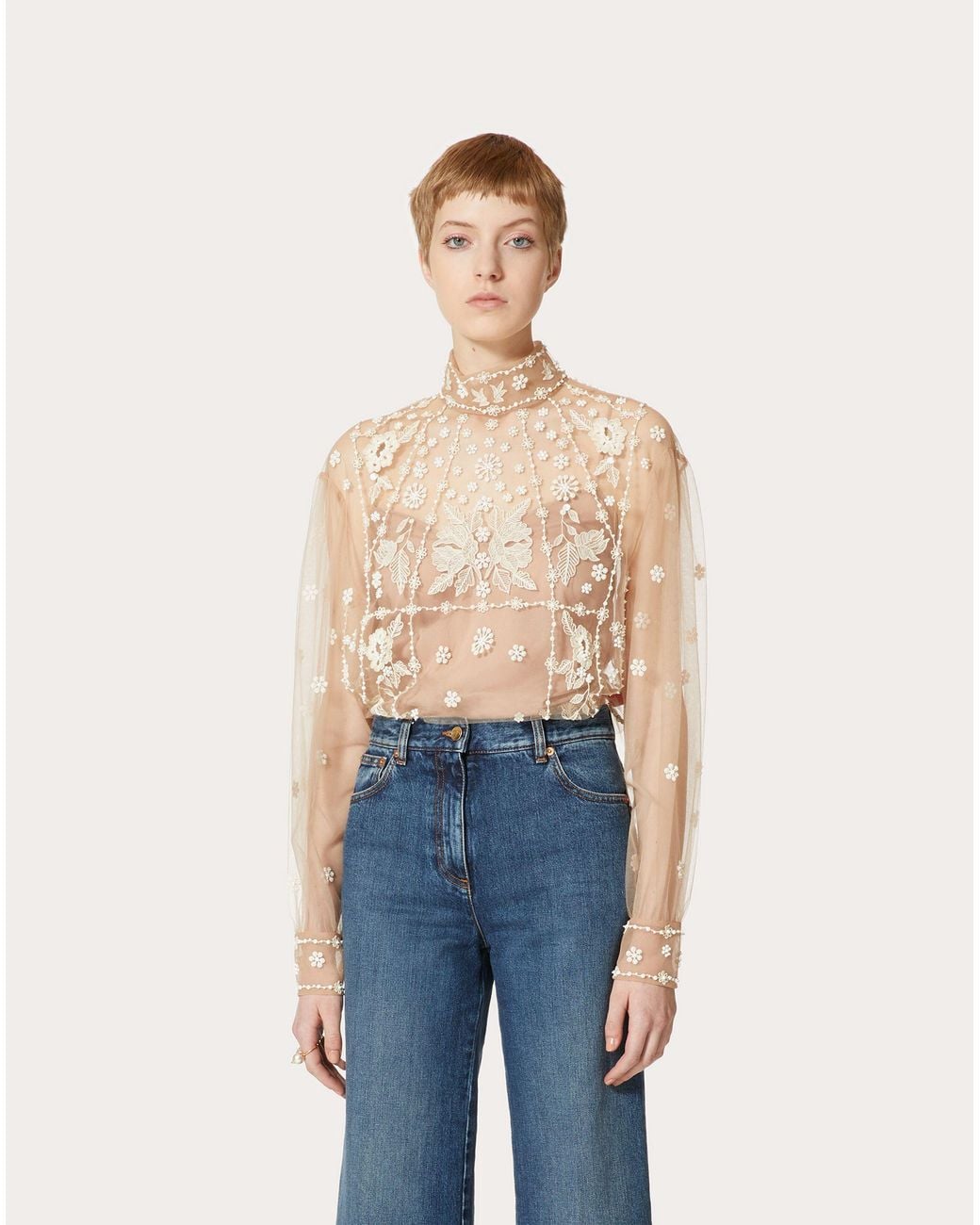Valentino Natural Tulle Illusione Embroidered Top