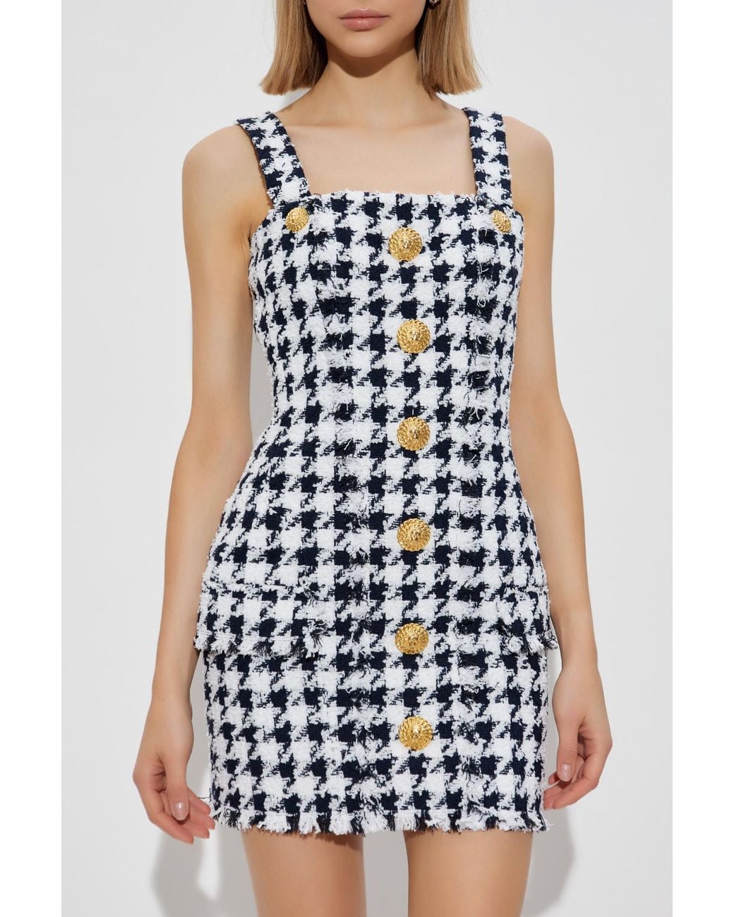 Balmain Blue Houndstooth Button Detailed Tweed Dress