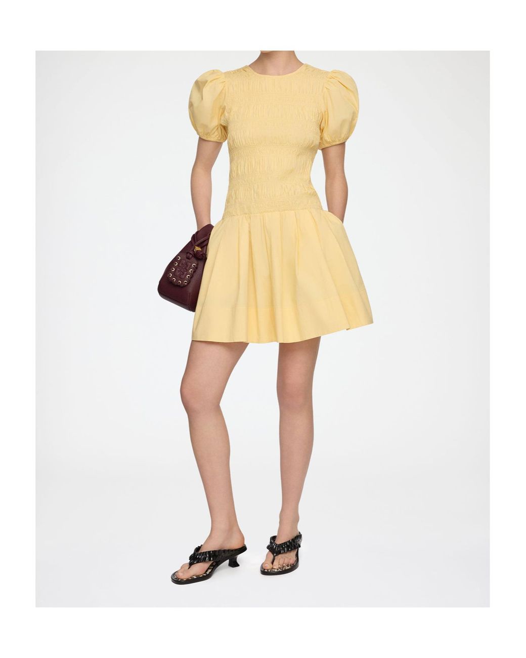 Ganni Yellow Smocked Balloon-Sleeve Mini Dress