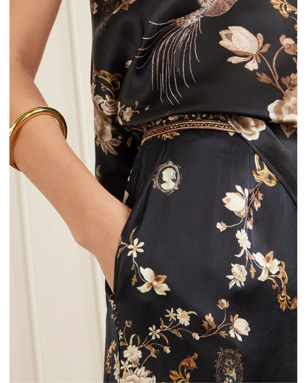 Camilla Black Embellished Embroidered Printed Silk-Satin Pants