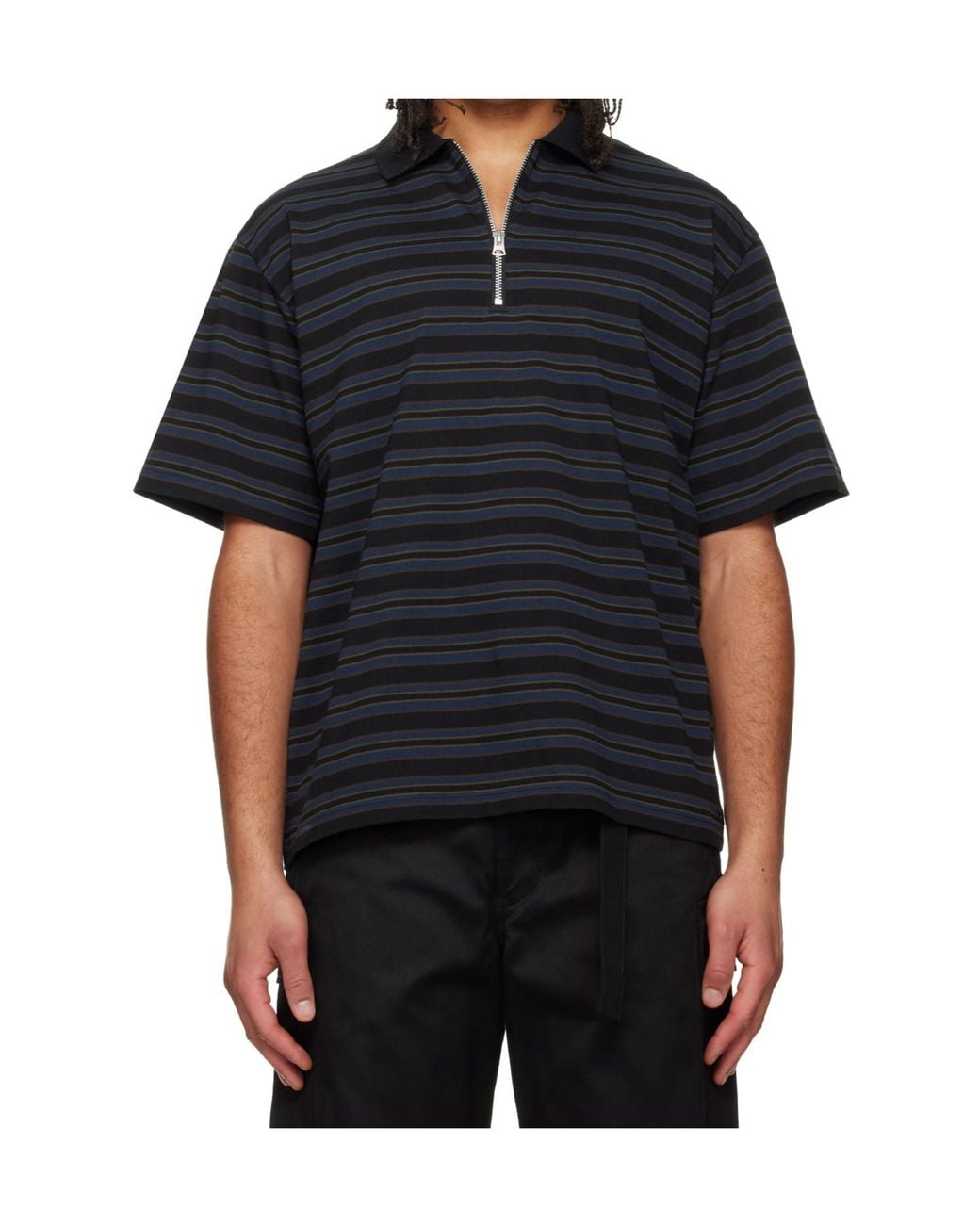 Sacai Black Striped Half-Zip Polo Shirt for men