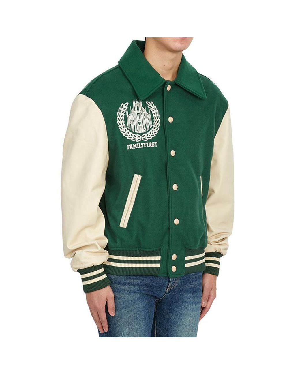 FAMILY FIRST Green Family First Varsity Patch Bomber Jacket for men