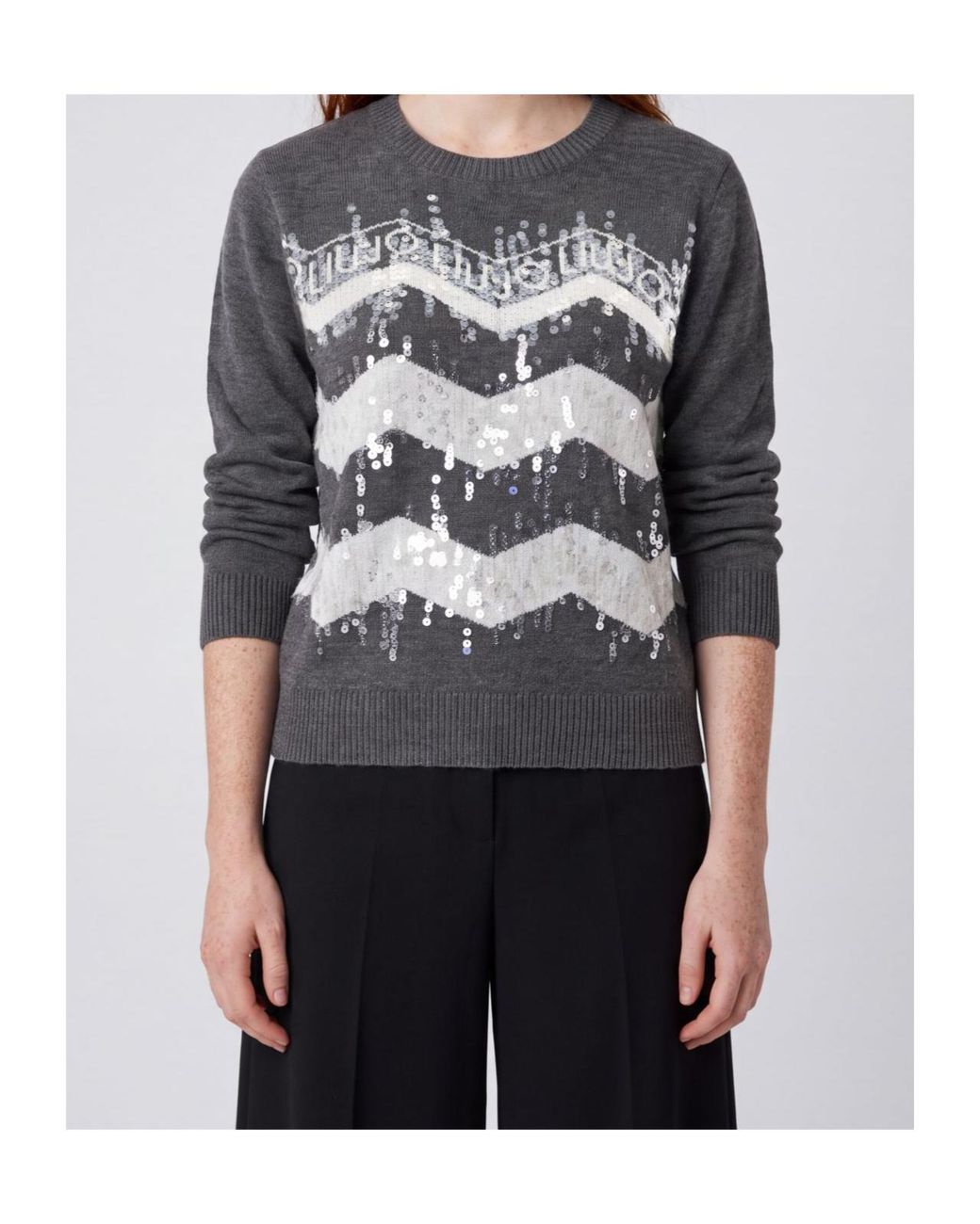 Liu Jo Gray Sequined Zigzag Knitted Sweater