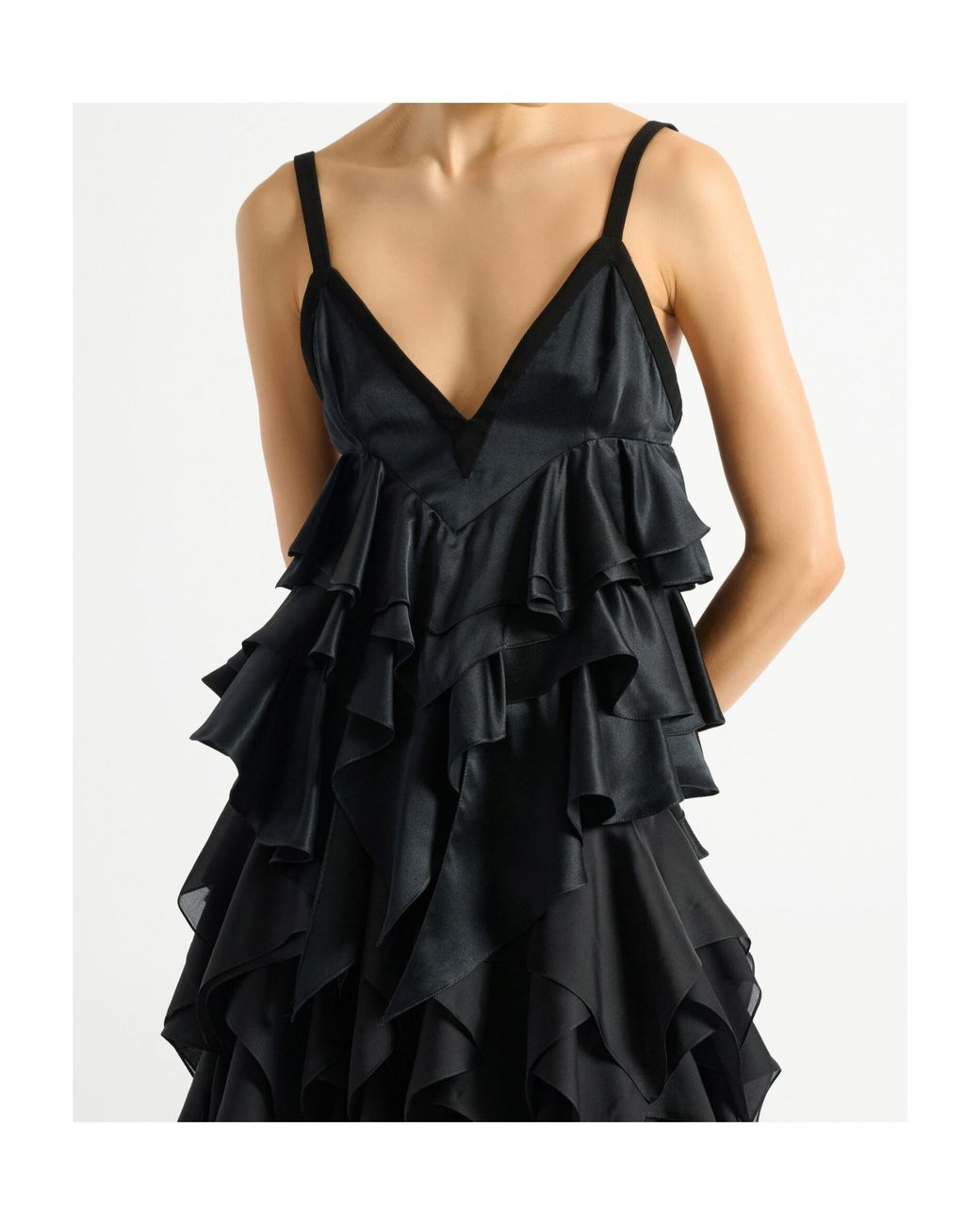 Balmain Black Silk Satin Ruffled Top