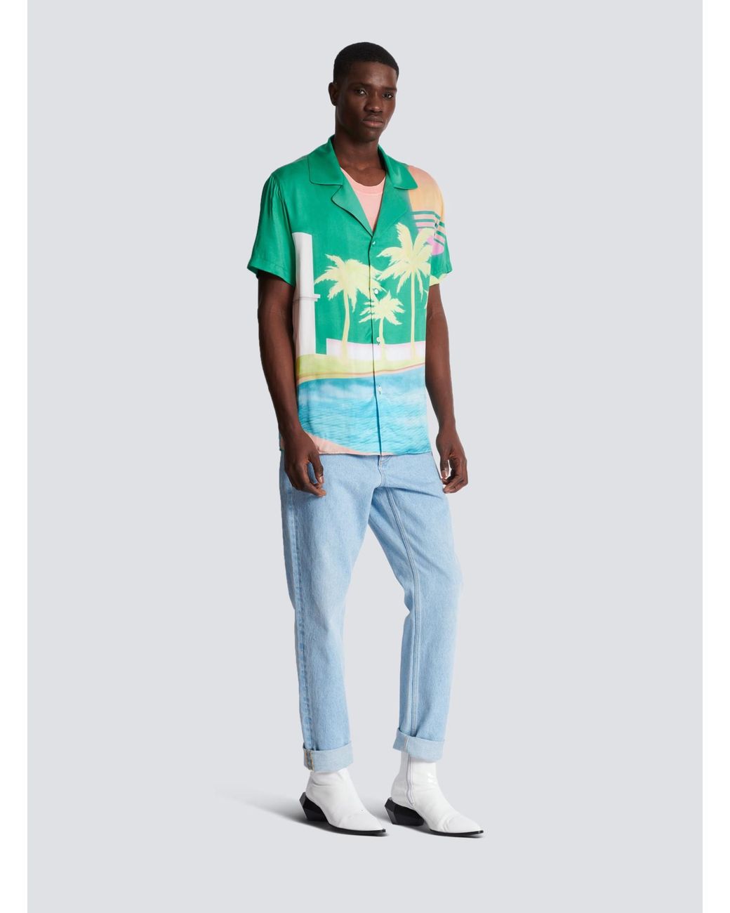 Balmain Blue Palm Printed Short-Sleeve Twill Shirt for men