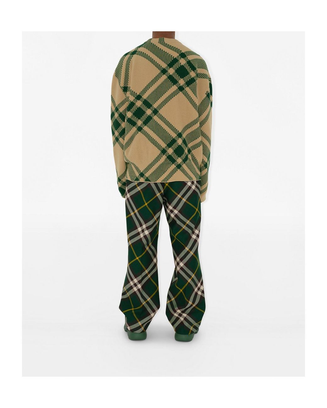 Burberry Green Checkered Intarsia Knit Crewneck Cardigan for men