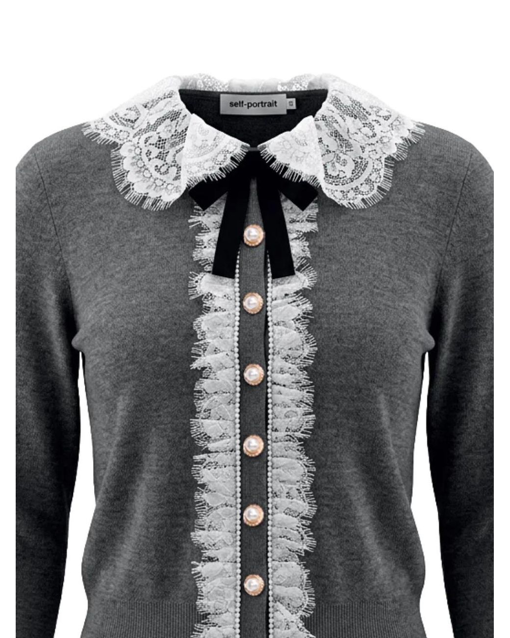Self-Portrait Black Cardigan With Lace Collar And Bow Detail