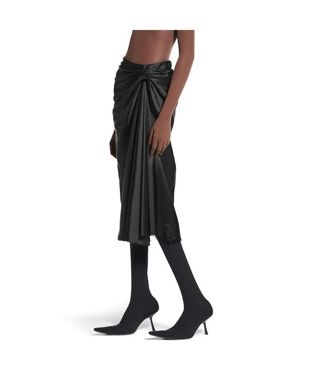 Balenciaga Black Satin Gathered Midi Skirt