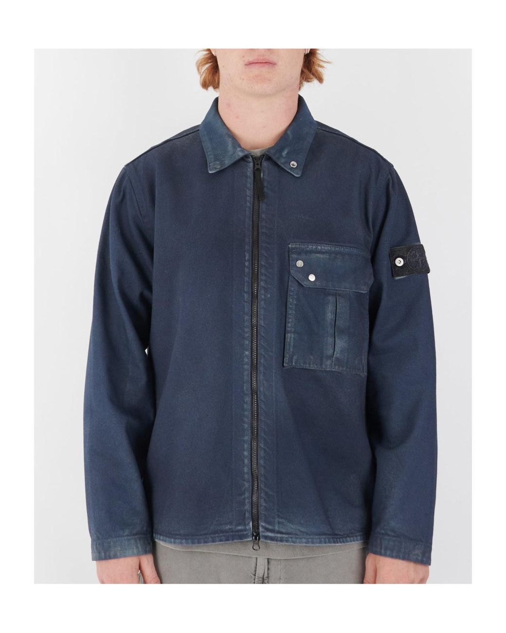 Stone Island Blue Logo Patch Zip-Up Denim Jacket for men
