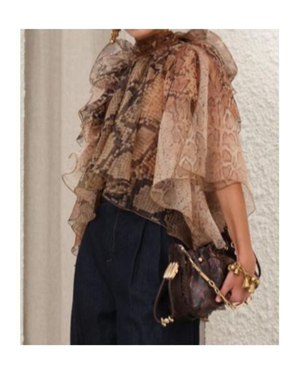 Zimmermann Brown Ruffled Snakeskin-Print Blouse