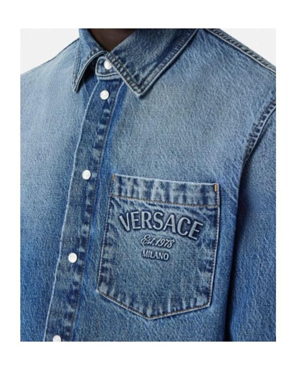 Versace Blue Logo-Embossed Button-Up Denim Shirt for men