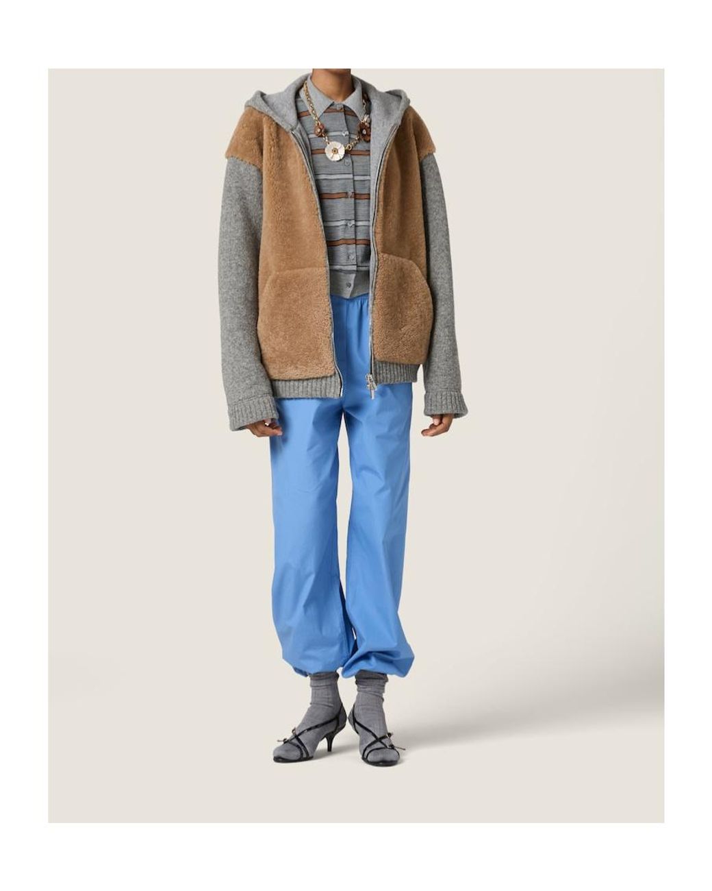 Miu Miu Brown Wool, Cashmere And Shearling Zipper Blouson Jacket
