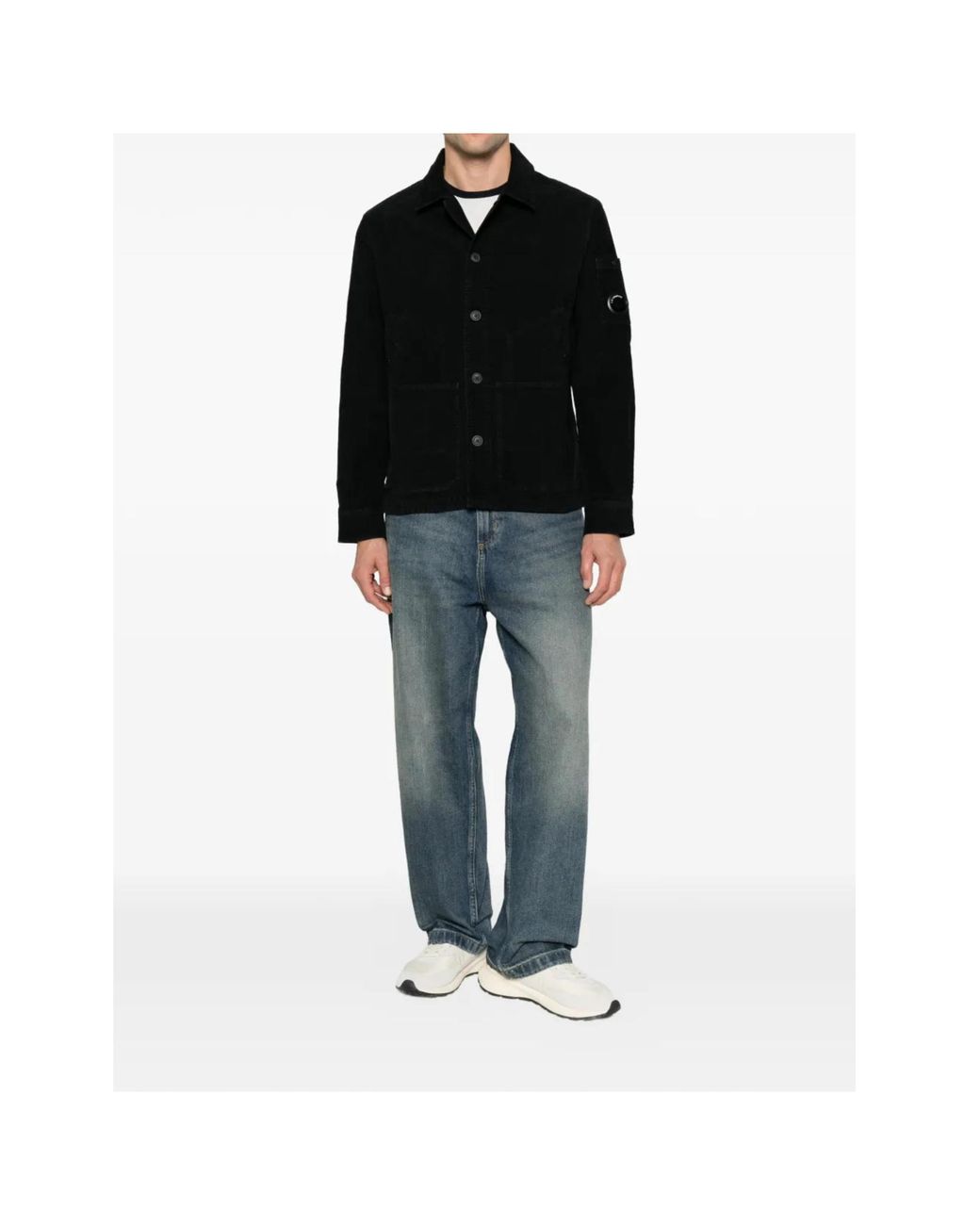 C P Company Black Corduroy Button-Front Jacket With Lens Sleeve Pocket for men