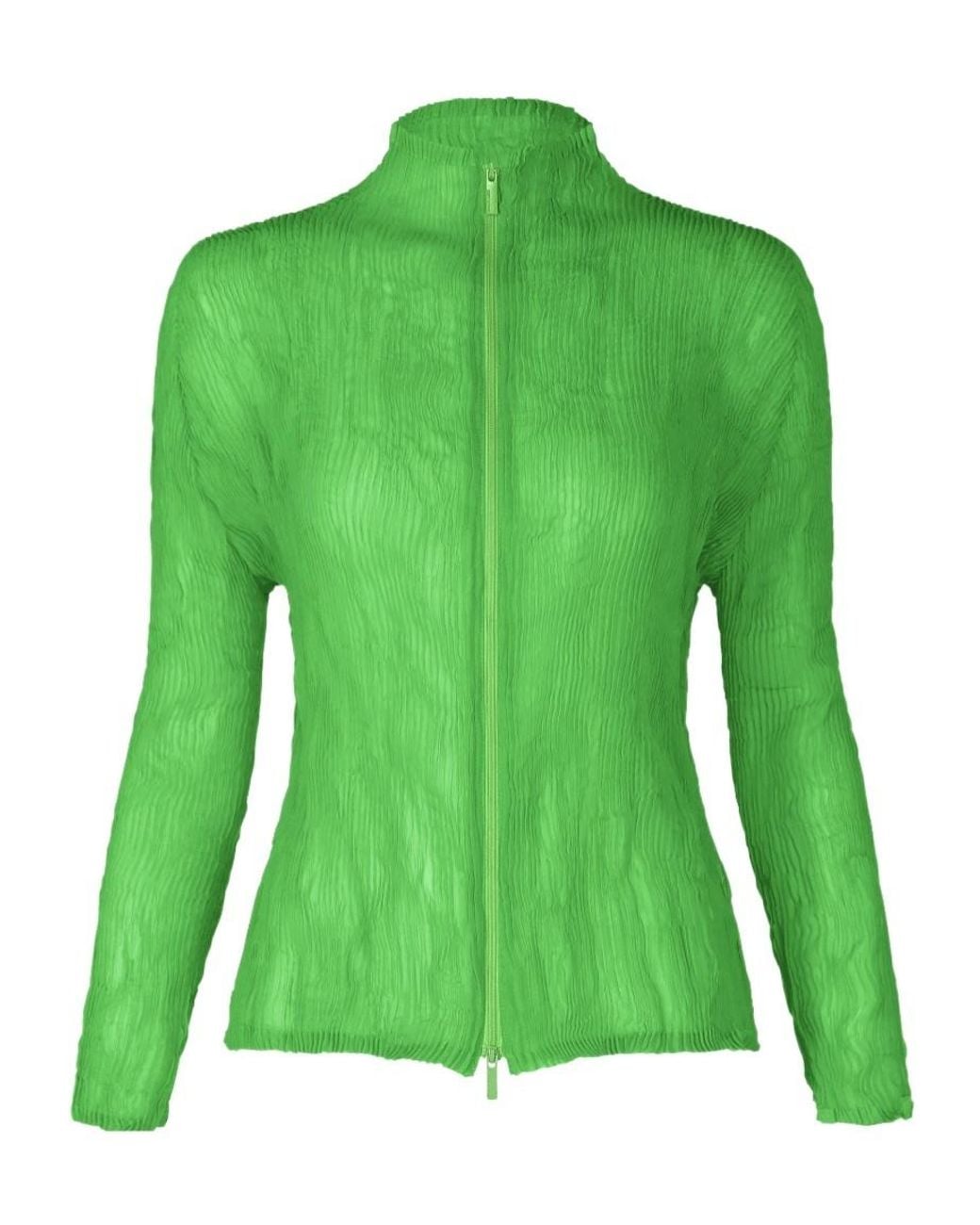 Issey Miyake Green Chiffon Twist 1 Pleated Zip Cardigan