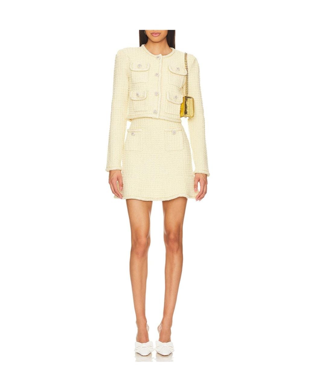 Self-Portrait Yellow Embellished Flared Tweed Mini Skirt