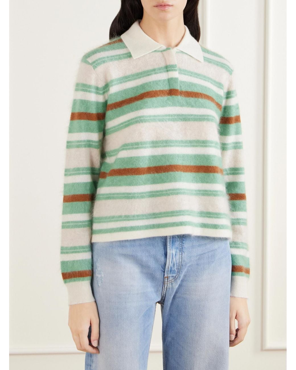 Guest In Residence Green Cropped Striped Brushed Cashmere Polo Sweater