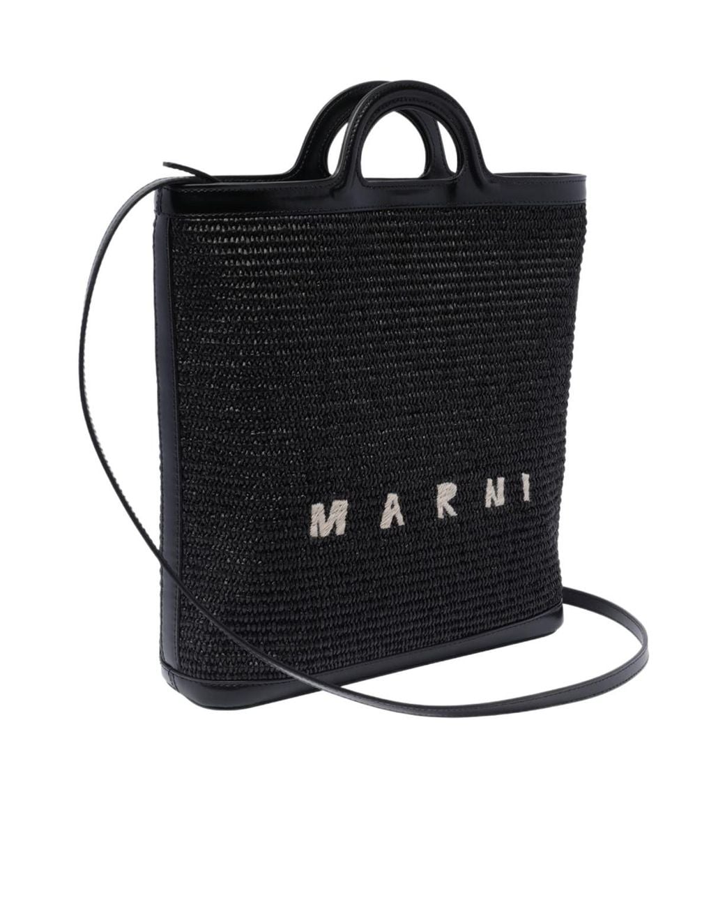 Marni Black Tropicalia Logo Embroidered Raffia Tote Bag