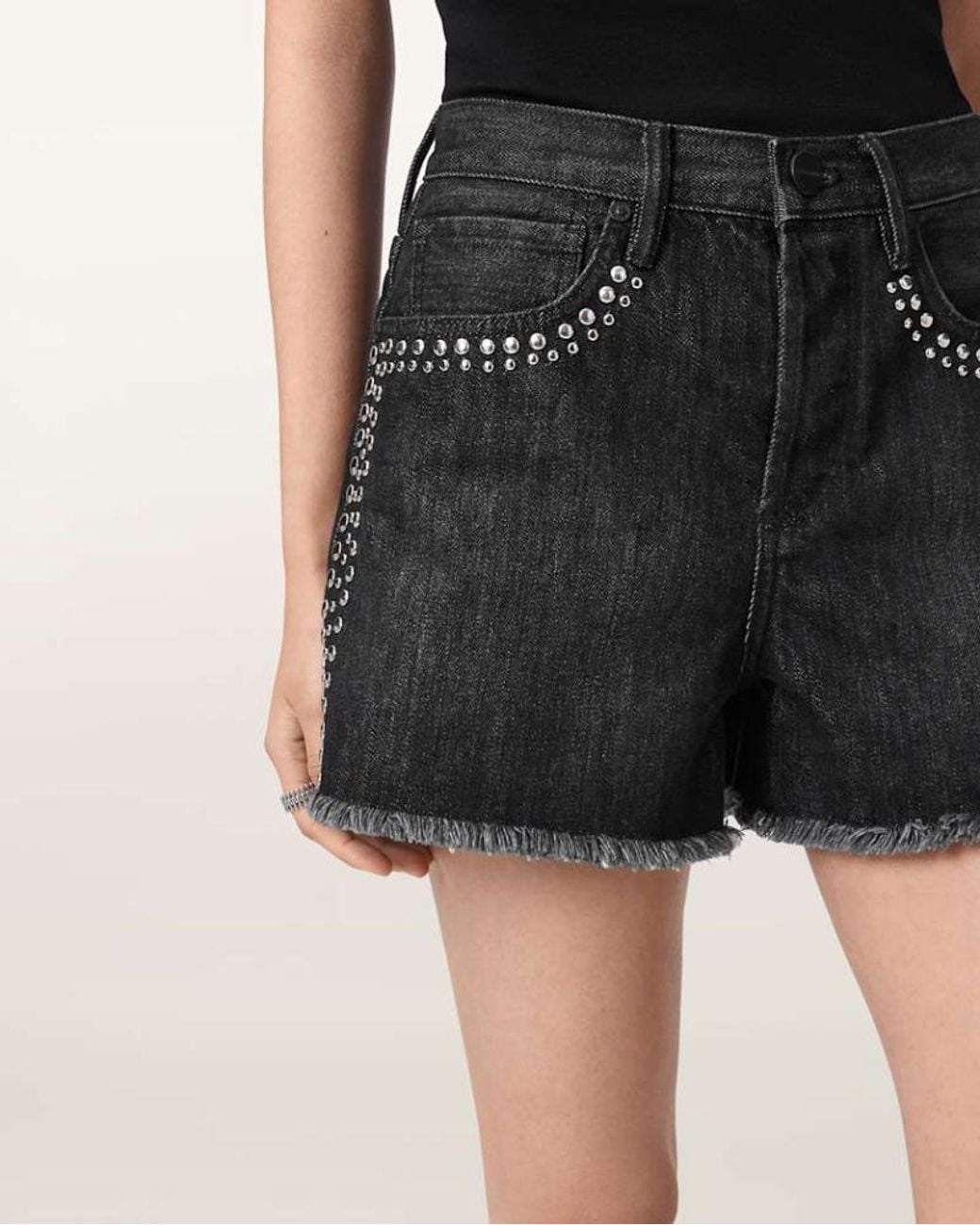 AllSaints Black Heidi High Waisted Stud Denim Shorts