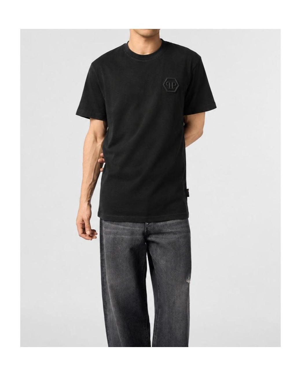 Philipp Plein Black Round-Neck T-Shirt Embroidery Hexagon for men
