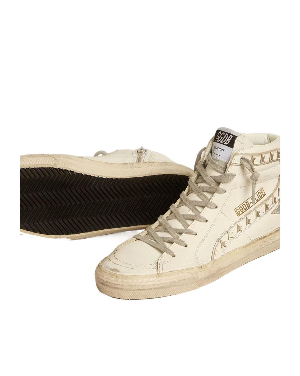 Golden Goose Deluxe Brand Natural Slide With Metallic Leather Star And Leather Flash With Stars