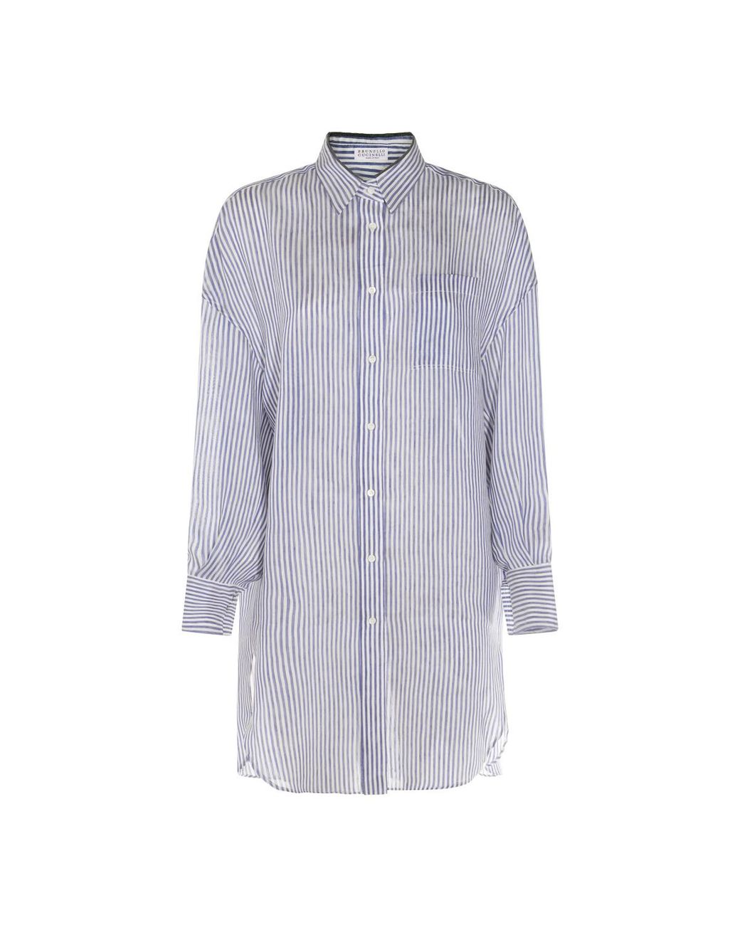 Brunello Cucinelli Blue Monili-Trim Striped Long Shirt