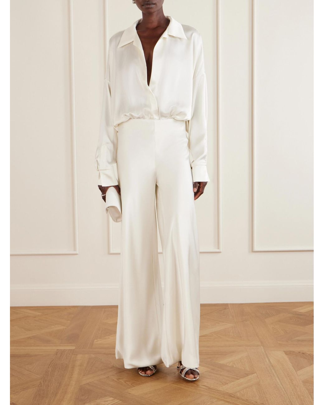 Norma Kamali White Boyfriend Shirt Satin Bodysuit