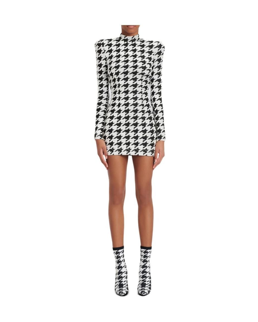 Balmain White Short Houndstooth Print Velvet Dress