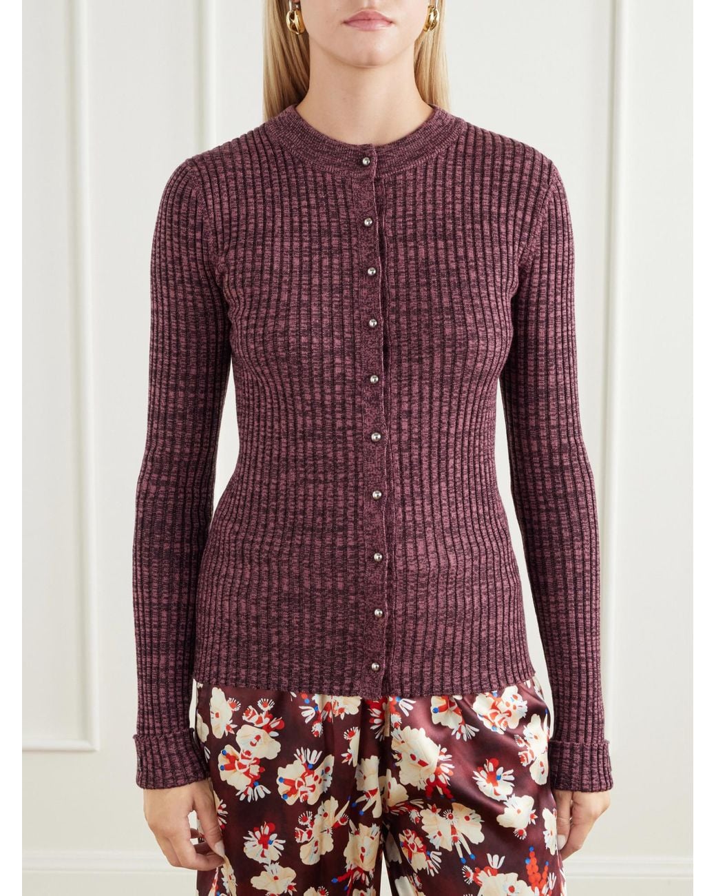 Rabanne Purple Ribbed-Knit Buttoned Cardigan