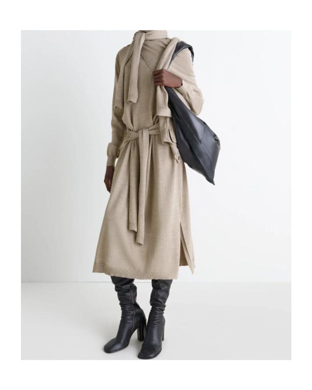 Lemaire Natural Trompe L'Oeil Turtleneck Belted Midi Dress