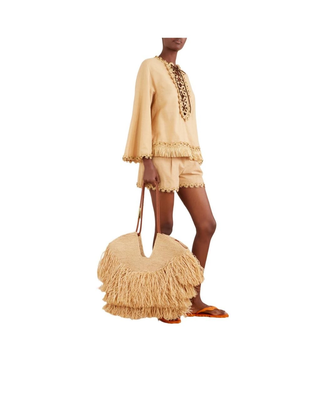 Zimmermann Natural Goldentime Medium Fringed Leather-Trimmed Raffia Tote