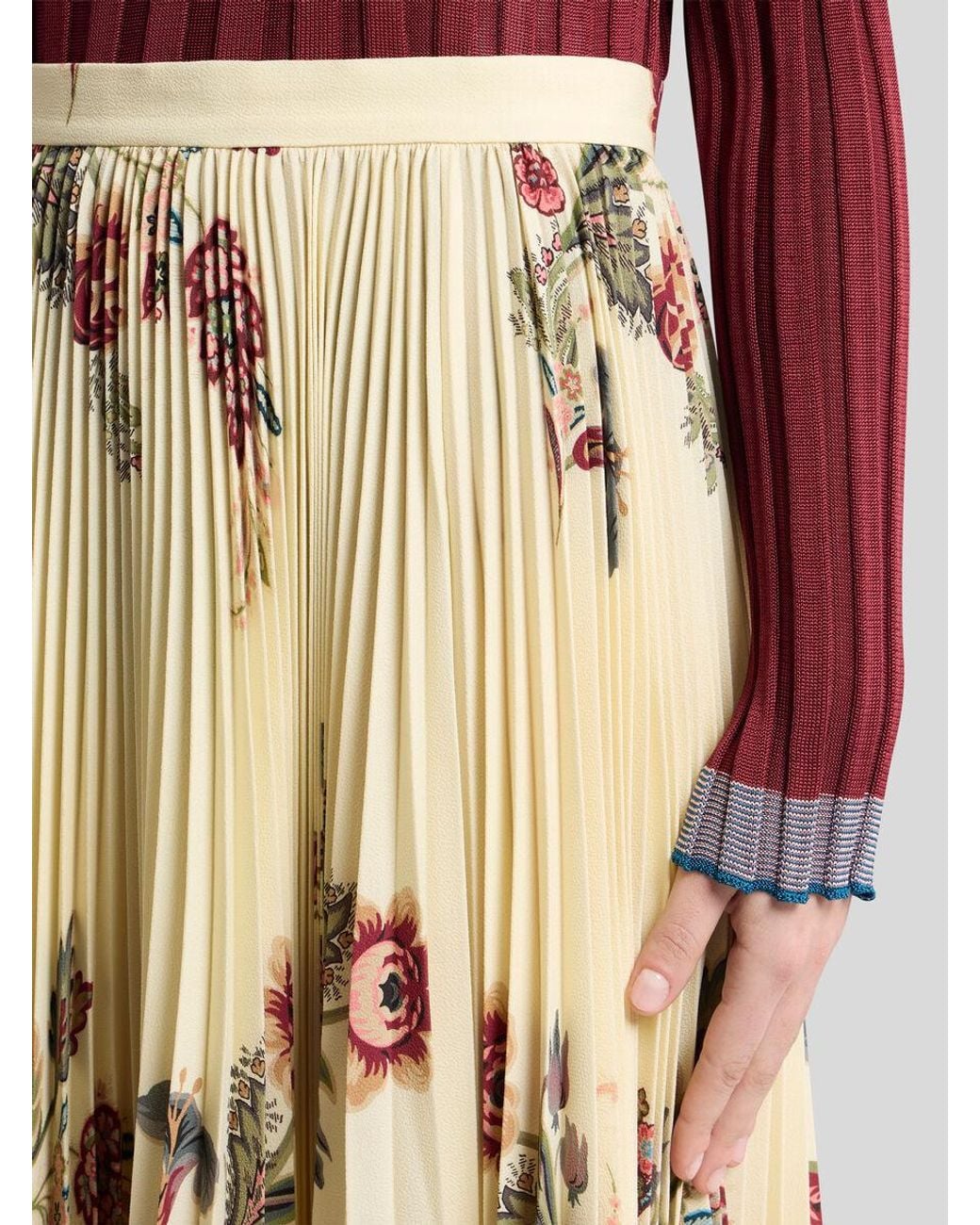 Etro Natural Floral Printed Pleated Midi Skirt